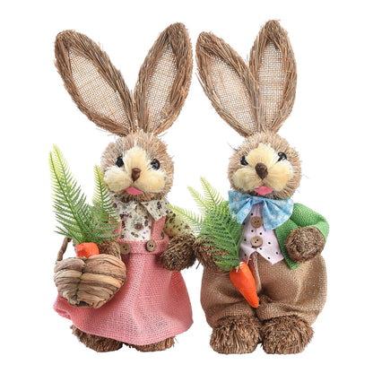 Casal de Coelhos de palha charmosos, 34cm